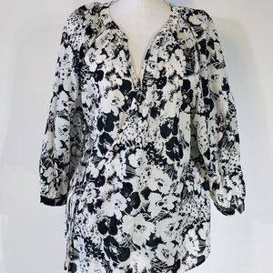 Ralph Lauren Black & White Print Linen Wrap Blouse
